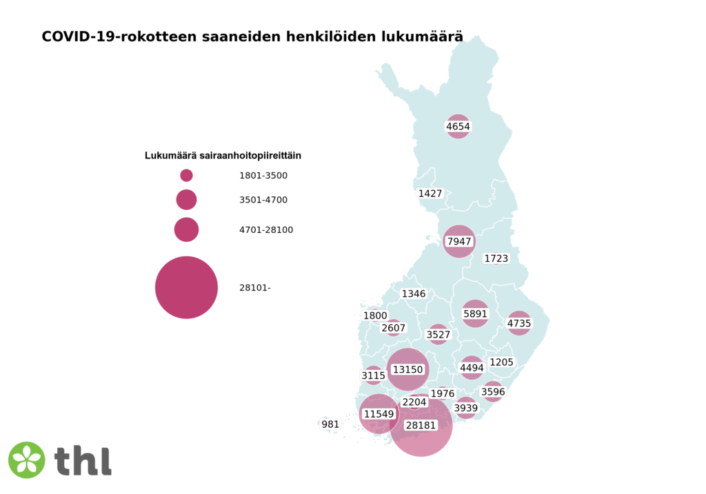 Kartta: COVID-19-rokotteen saaneiden henkilöiden lukumäärä sairaanhoitopiireittäin