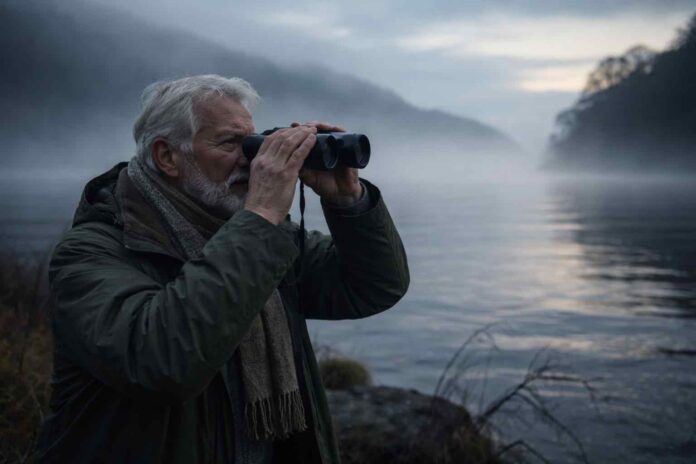 Mies, kiikarit, järvi, lock ness